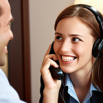 **

Prompt: A customer service representative offering a personalized solution to a frustrated customer on the phone. The representative is smiling warmly and genuinely listening, while the customer looks relieved. Soft, inviting lighting.

**