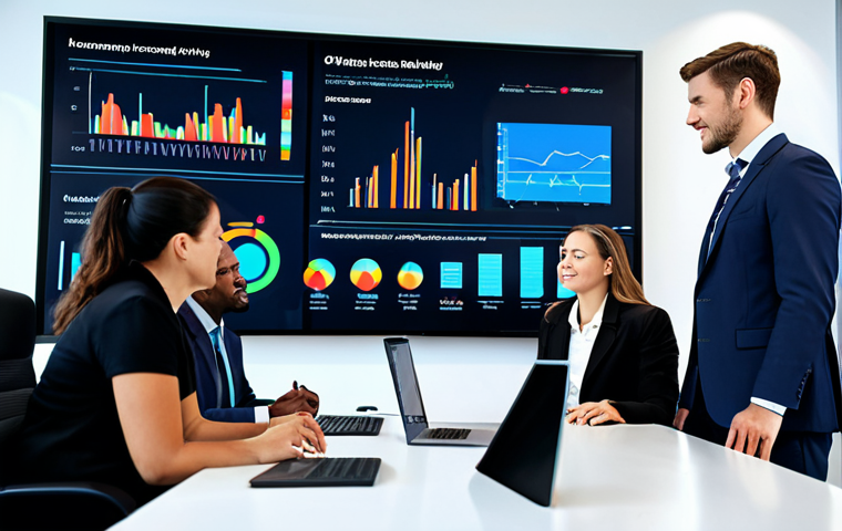 A group of diverse professionals, including men and women, in professional business attire, are actively collaborating in a sleek, modern office environment. They are interacting with advanced digital displays, some showcasing complex data visualizations and others facilitating virtual team meetings. The atmosphere is dynamic and innovative, emphasizing the seamless integration of human interaction with cutting-edge technology. The focus is on teamwork and efficient problem-solving. This is a safe for work, appropriate content, fully clothed, professional, and family-friendly image. The subjects have perfect anatomy, correct proportions, well-formed hands, proper finger count, and natural body proportions, captured in a natural pose.