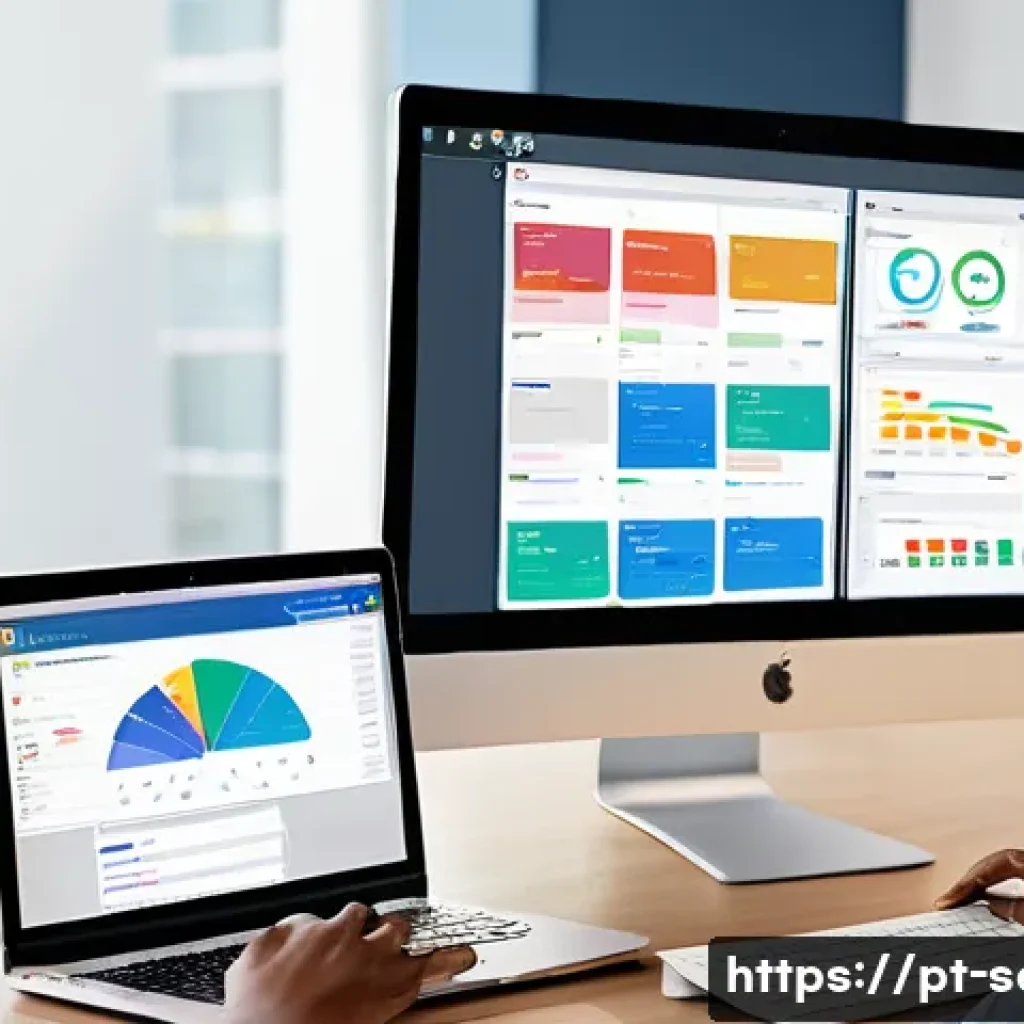 서비스관리사와 프로젝트 관리 도구 - A modern office scene showing a diverse team collaborating around a large digital dashboard displayi...
