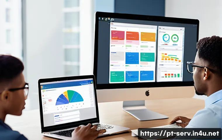 서비스관리사와 프로젝트 관리 도구 - A modern office scene showing a diverse team collaborating around a large digital dashboard displayi...