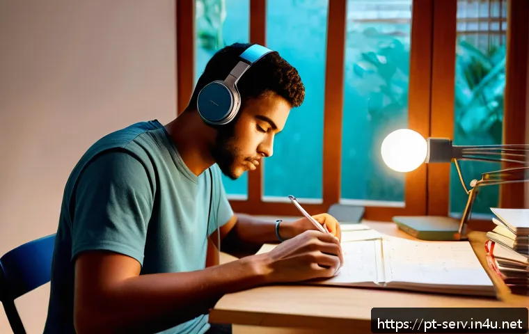 서비스관리사 시험 후기 - A focused young adult studying at a neat desk in a quiet, cozy home corner in Brazil, surrounded by ...