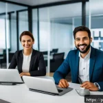Home 19 서비스관리사 업무사례 모음 - A warm and professional customer service scene in a modern Brazilian office, featuring a diverse tea...