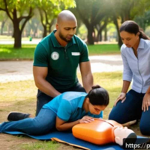 Home 17 서비스관리사와 응급 상황 대처 방법 - A detailed scene showing a diverse group of adults participating in a practical first aid training s...