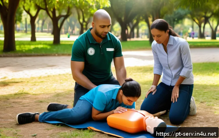 서비스관리사와 응급 상황 대처 방법 - A detailed scene showing a diverse group of adults participating in a practical first aid training s...