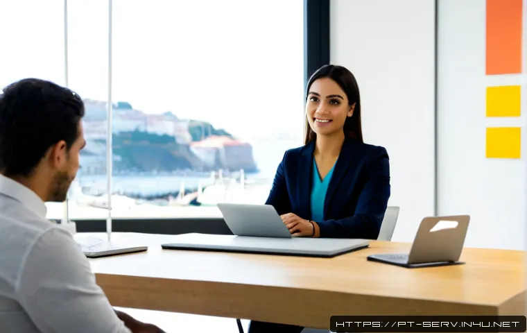 서비스관리사와 성공적인 업무 스토리 - Photorealistic Portuguese service manager in a bright modern office, warmly guiding a small diverse ...