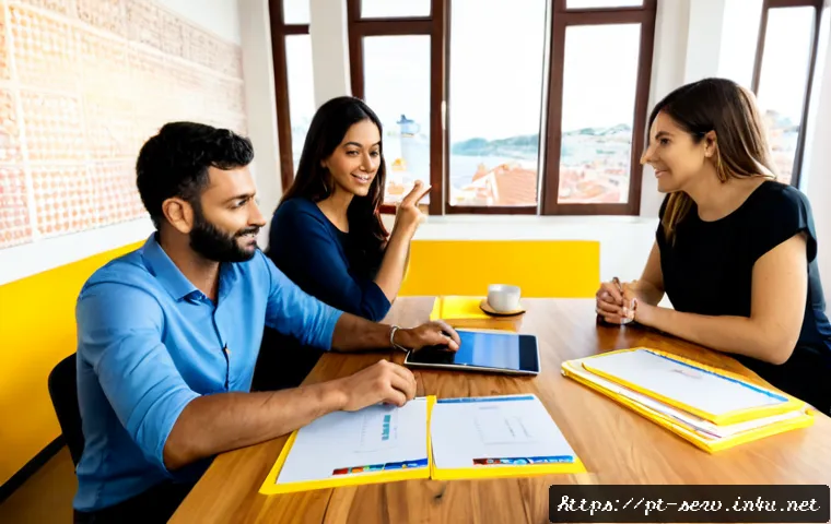 Home 11 서비스관리사와 실무 워크숍 체험기 - Photorealistic service management workshop in a modern Portuguese coworking space, diverse adult pro...